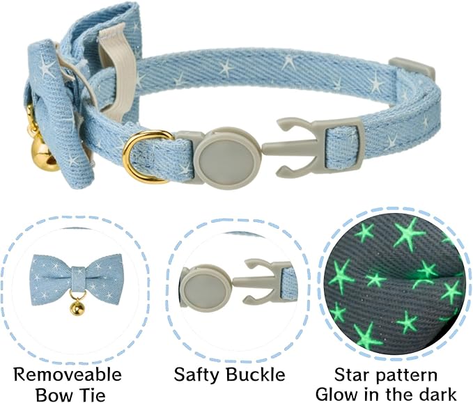 2 Pack Cat Collars with Bell,Glow in The Dark,Cute Star Bow Tie Collar for Cats,Adjustable Safety Breakaway Kitten Collar for Night Walking & Outdoor Use(Adult Cat,GD Star Blue)
