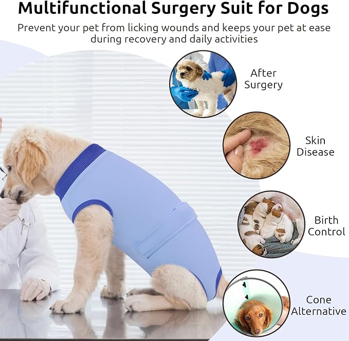 Queenmore Recovery Suit for Dogs Cone Alternative After Surgery Breathable Cotton Dog Onesie, Dog Surgery Suit Female Spay, Prevent Licking Pet Surgery Recovery Suit, Sky Blue,S