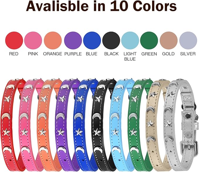 Leather Cat Collars for Boy Girl Cats with Bell and Safety Elastic Belt, Personalized Star and Moon Stud Adjustable Safe Buckle Collar for Kitty Small Big Cats Size 8-12 Inch, Light Blue