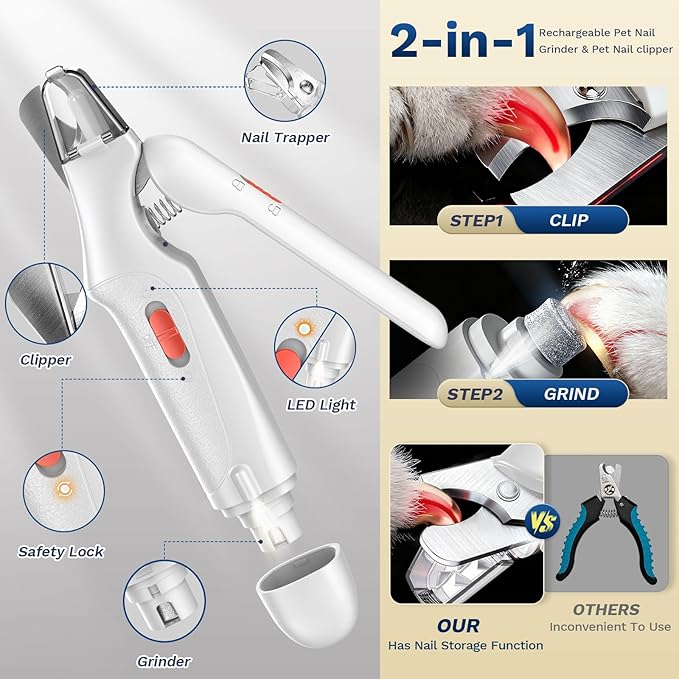 2 in 1 Dog Nail Clippers & Cat Nail Clippers Trimmers for Large Medium Small Dogs Cats Claw Trimmer Quick Sensor and Safety Guard USB Rechargeable Dogs Nail Trimmer with Catcher & 2 LED Lights