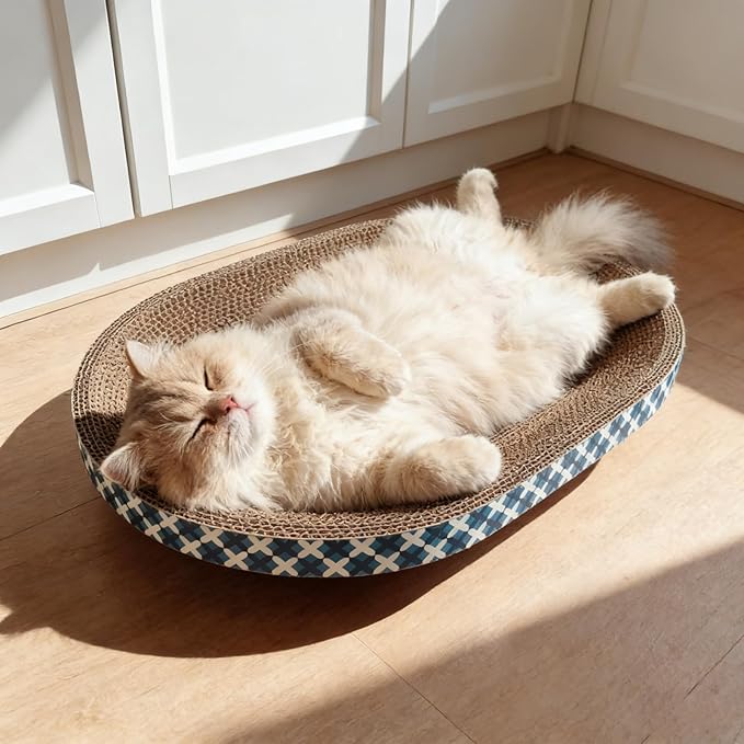 Cat Scratcher Bed with Toys, 2 Pack Oval Cat Scratcher Cardboard, Indoor Cat Scratch Bowl, Large Cat Scratching Board with Catnip Fish Toy & Feather Wand for Furniture Protector,Blue