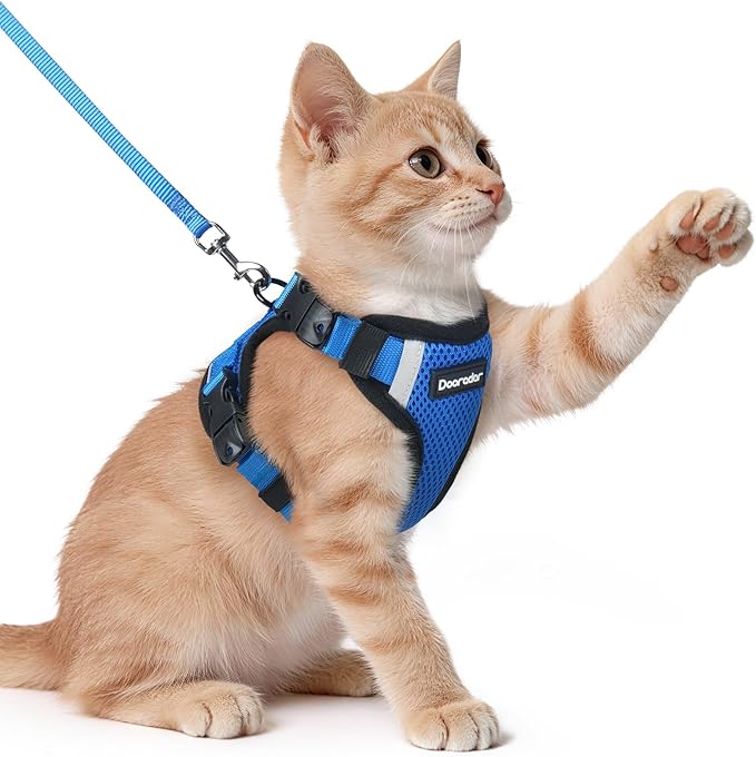 Dooradar Cat Harness and Leash Set, Escape Proof Soft with 3 Adjustable Buckles, Comfortable Vest Easy to Wear Kitten Harness with Reflective Strip, Safe for Outdoor Walking, Royal Blue, XS