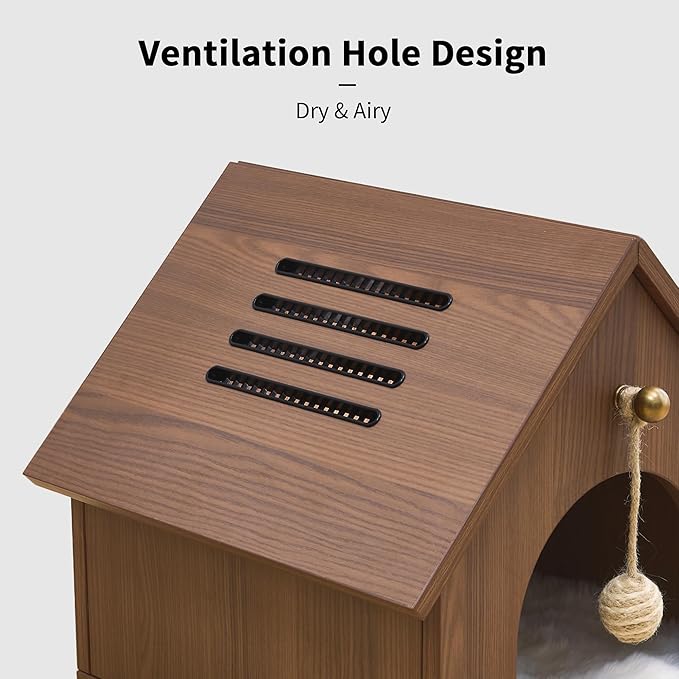 Cat House for Indoor Cats - Modern Wooden Covered Cat Cave Bed, Sturdy & Durable Cat Hideaway Hanging Ball Toy & Warm Plush Mat Included, Easy Video Assembly.
