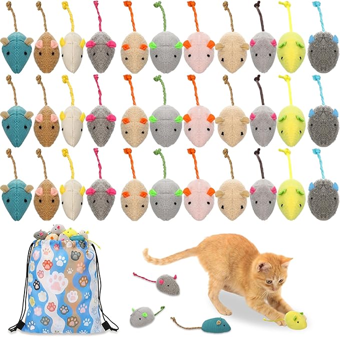 Leitee 51 Pcs Assorted Mice Cat Toys Bulk with Cat Paw Gift Storage Bags Set, Small Furry Mouse Kitten Toy for Indoor Cats, Interactive Play Color Varies (Plush Mice)