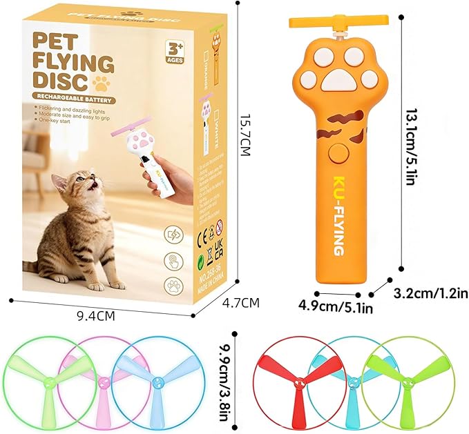 Cat Flying Disc Launcher Toy,Disc Launcher Rechargeable with 6 Flying Discs (3 Glow),Outdoor Toys to Help Pets Lose Weight and Exercise