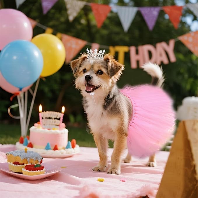 Pet Costume Set Tutu Skirt with Pearl Crown for Small Dog Cat Halloween Birthday Wedding Photo Prop Costume