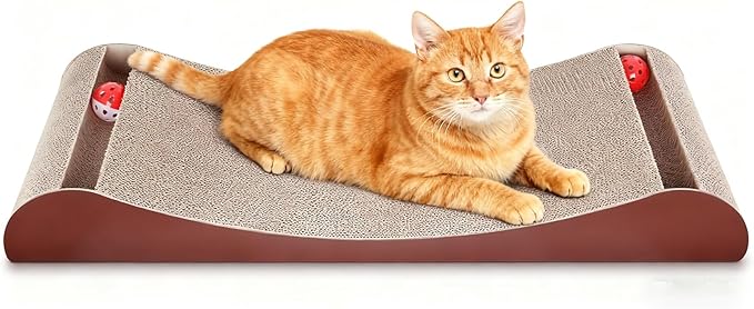 Simple Delxue 30 Inches Extra Large Cardboard Cat Scratcher Bed, Cat Lounge Bed with Bell Ball Toy，100% Recyclable & Reversible Durable Cardboard Scratching Board for Indoor Cats