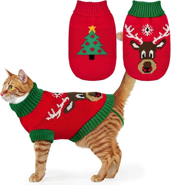 2PCS Puppy Christmas Sweater Cat Turtleneck Knitwear Xmas Elk Outfits Dog Christmas Tree Pattern Warm Clothes Sweater for Kitties Puppies L