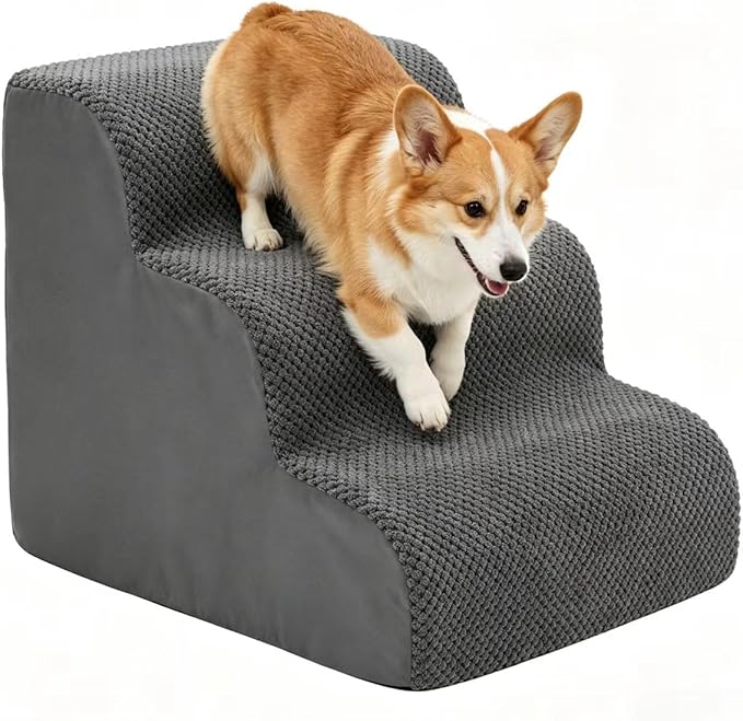 Dog Stairs for Small Dogs，35D Pet Stairs Steps 15” H with Durable Non-Slip Waterproof Fabric Cover, Slope Stairs to Bed for Small Dogs and Cats or Pets Joints, 3 Step Dog Ramp for Couch and Bed