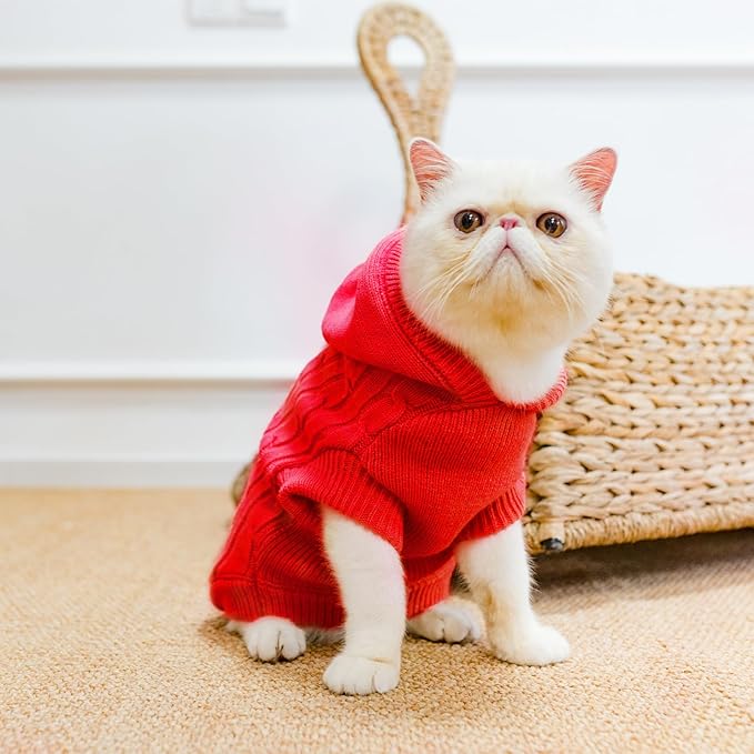 PUPTECK Winter Dog Cat Sweater Coat - Soft Cold Weather Clothes Knitwear for Kitties & Small Dogs Indoor Outdoor Walking Warm, Knitted Classic for Doggies Kitties Girls Boys, Red L