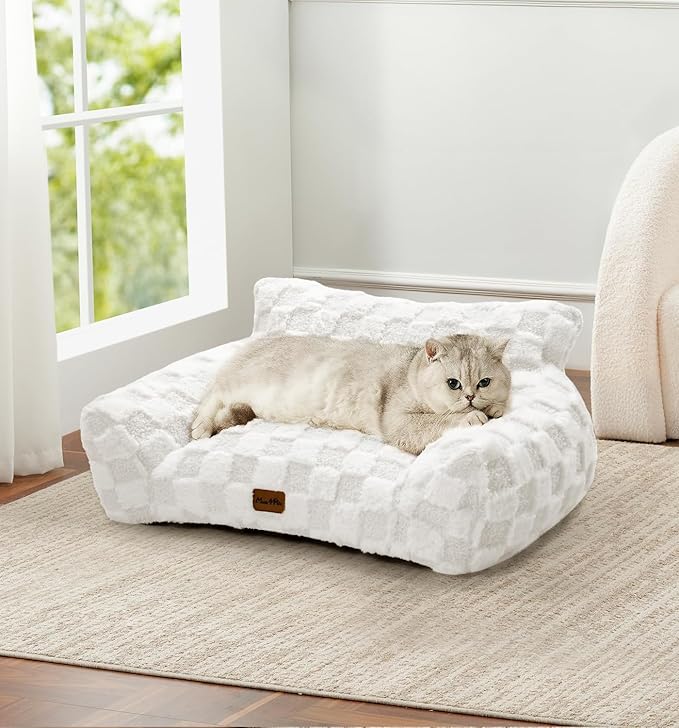 Made4Pets Cat Beds for Indoor Cats, Cat Couch Bed, Soft Faux Fur Checkered Pet Sofa, Calming Fluffy Kitten Sofa with Supportive Foam, Removable Washable Cover with Non-Slip Base, White, Small