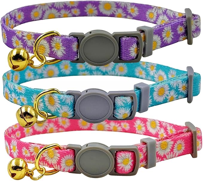 3 Pack Cat Collar, Daisy Floral Pattern, Breakaway Safe Release Buckle, Clear Bell, Polyester Material, for Adult Cats.(Daisy)