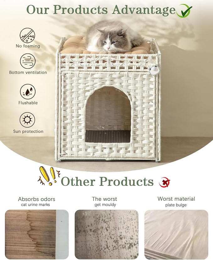 SETVSON Cat Litter Box Enclosure Furniture, Hidden Litter Box with Mat and Fence, Handwoven Rattan Cat House with Two S-Shaped Hooks for Living Room, Bedroom, 18.5 x 20.5 x 19.1 Inches (White