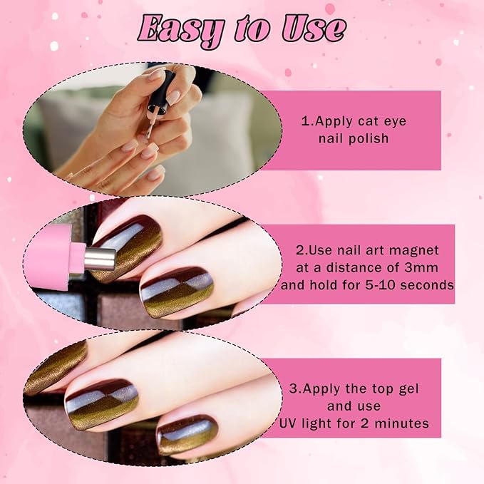 2Pcs 3 in 1 Cat Eye Nail Magnet, Double-Ended Multifunctional Nail Magnet Stick with Round Magnetic Bead Heart Shaped NailMagnet Cat Eye Magnets Art Design for DIY, Studio or Salon