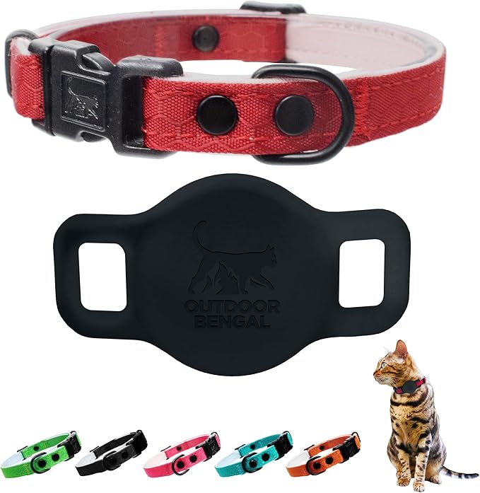 OutdoorBengal Breakaway Cat Collar + Airtag Holder, No Bell - Compatible Silicone Case, Breakaway Airtag Cat Collar for Apple Air Tag - Waterproof Tracking Collars for Boy, Girl, Cats, Kittens (Red)