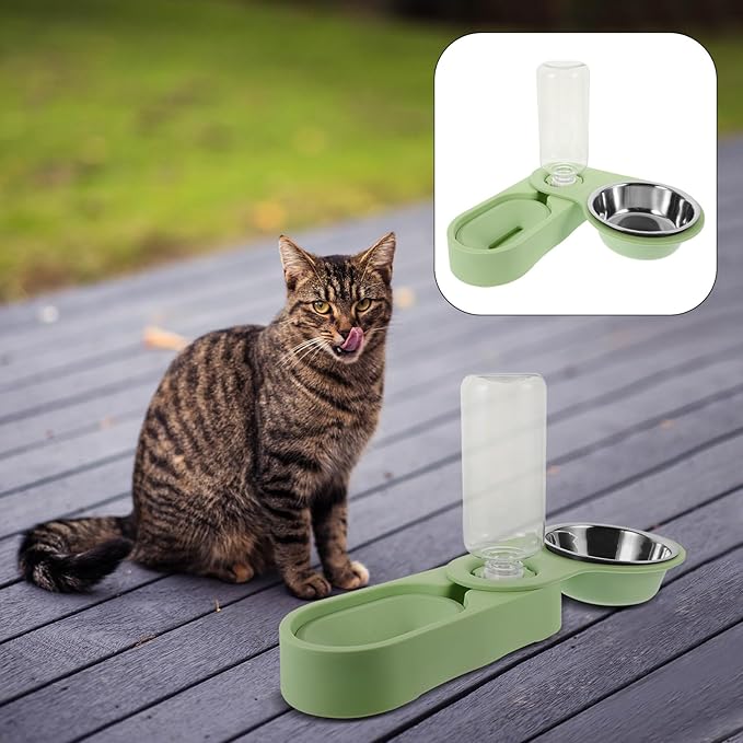 Toyvian Stainless Steel Double Cat Bowl Rotatable Corner Foldable Pet Feeder with Green Bowls for Indoor Cat Feeding and Watering