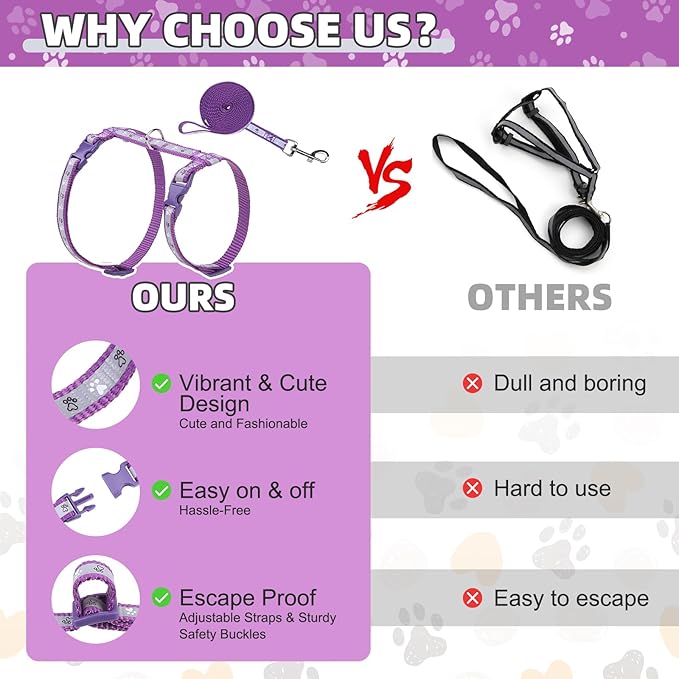 KOOLTAIL Cat Harness and Leash Set, Escape Proof Adjustable Kitten Harness for Walking Travel, Safe & Easy Control Outdoor, Lightweight Soft Pet Harness for Small Medium Large Cats, Purple