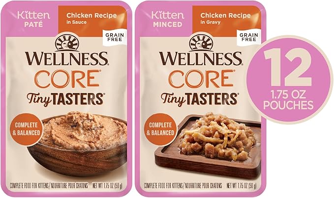 Wellness CORE Tiny Tasters Minced and Pate Variety Pack Kitten Wet Cat Food, Natural, Protein Rich, Grain Free, Chicken Recipes, 1.75 oz, Pack of 12 Pouches