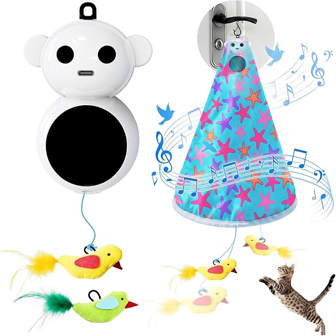 Interactive Cat Toys for Indoor Cats: 2 in 1 Automatic Hide and Seek Flying Bird Feather Wand Chirping Toy, Door Knob Moving Mouse Hunting Toys, Rechargeable Toys for Bored Kitten Adult Cats (Blue)
