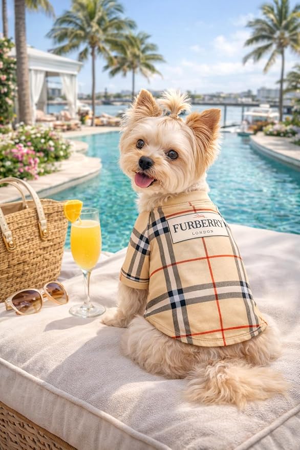 Luxury Designer Dog T Shirt – Trendy Puppy Clothes for Small Dogs, Fashion Pet Tee for French Bulldogs & Chihuahuas, Everything Chic Dog Apparel (FurberryTee, Medium)