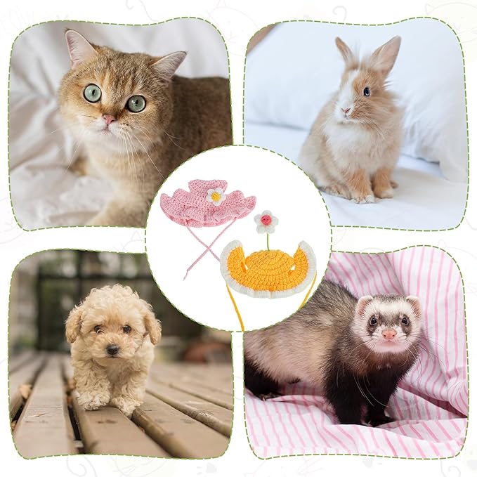 2pcs Cute Flower Cat Hat, Cotton & Soft Cute Knitted Hats for Cats, Halloween Christmas Holiday Party Clothes Birthday Party Puppy Hat for Small Pets, Holiday & Photo Outfit