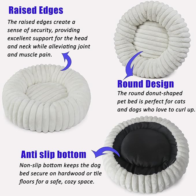 Donut Small Dog Bed Washable - Dog Beds for Small Dogs and Cats with Corduroy Fleece & Anti Slip Bottom, Calming Round Faux Fur Cute Pet Bed for Puppy Kitten, Cream, 23x23x5.5 inches