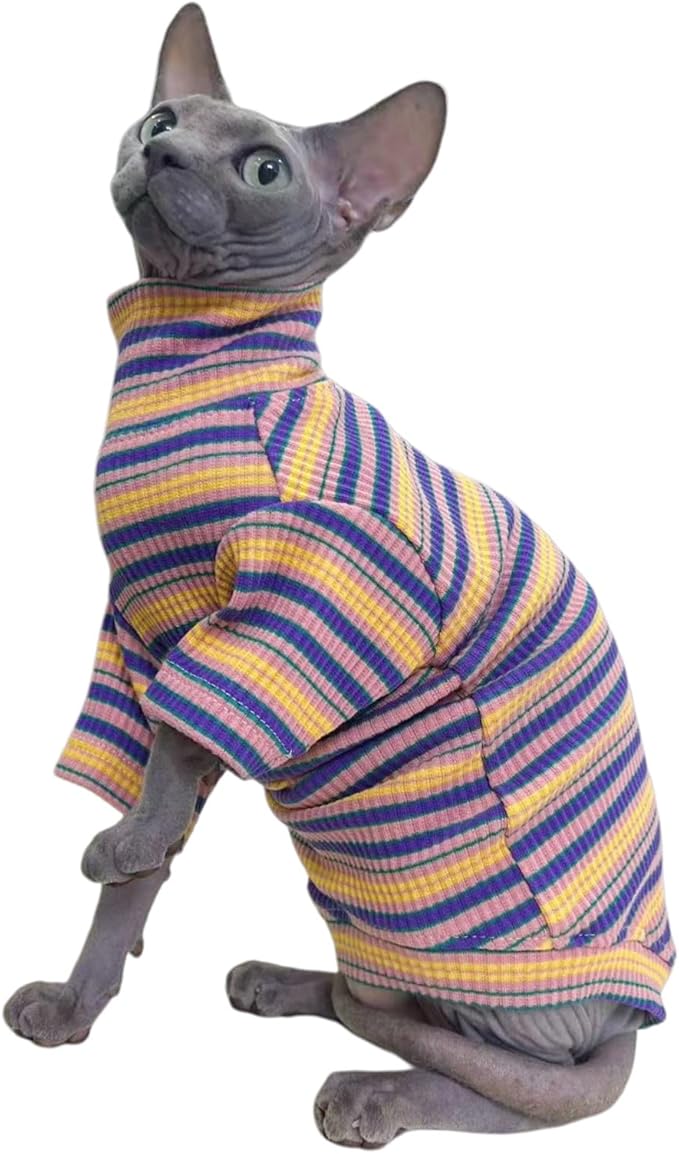 Turtle Neck Vintage Stripes Sphynx Hairless Cat Cotton T-Shirts Pet Clothes Vest Kitten Shirts Sleeveless, Cats & Small Dogs Apparel (Rose Garden, XL (9-12.5 lbs))