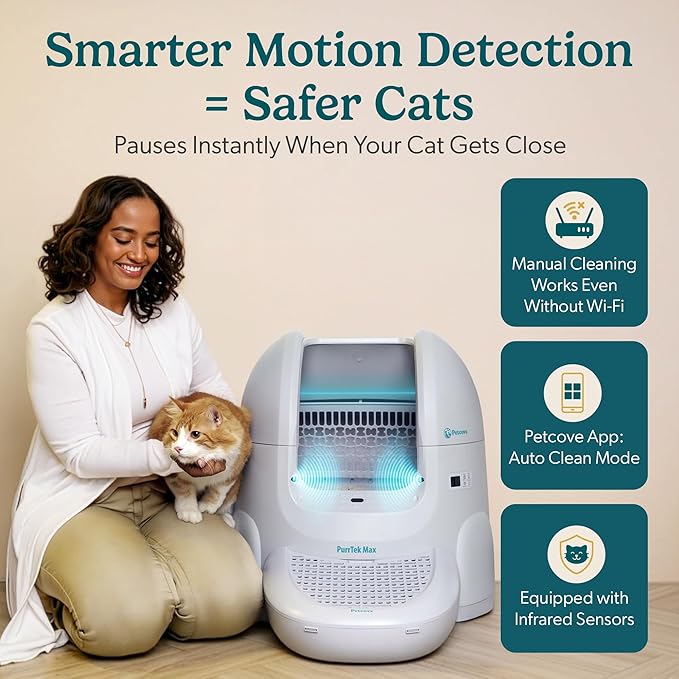 Petcove Self Cleaning Automatic Litter Box for Multi Cat - XL 65L Drum/Ultra Quiet 30-35dB Operation / 5 Safety Sensors/Easy App Control with Ultra Fast 5 GHz WiFi - Includes Ramp & 15 Litter Bags