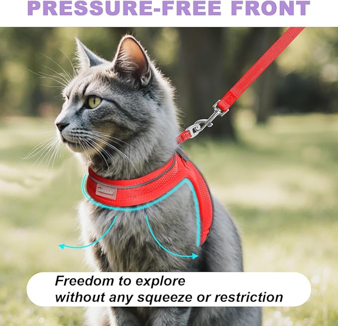 Cat Harness and Leash Set,Escape Proof Kitten Harness,Step in Adjustable Soft Lightweight,Easy Control,Reflective Strips Comfortable for Walking Travel(Red,M)