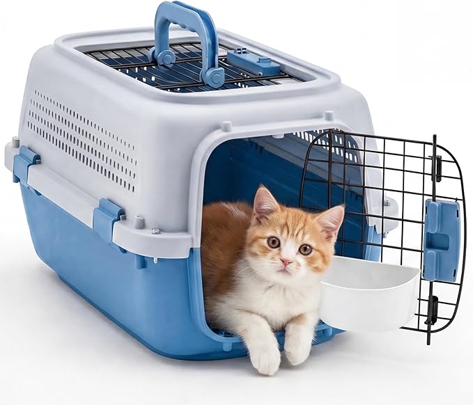 DUMOS 23" Hard-Sided Pet Carrier for Small Dogs & Cats, Airline Approved Travel Crate with Enhanced Security Latches, Front & Top Load Wire Door, Food Bowl for Traveling, Hiking, Camping, Grey&Blue