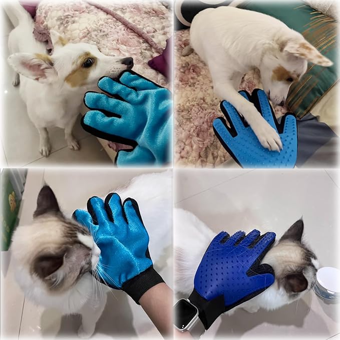 VCZONE 2 in 1 Cat Grooming Glove, Double-Sided Use Pet Hair Remover Glove, 1 Side is Gentle Grooming for Dogs, Cats, the Other is Effective Hair Remover for Furniture, Clothing (Blue, Right-Hand)