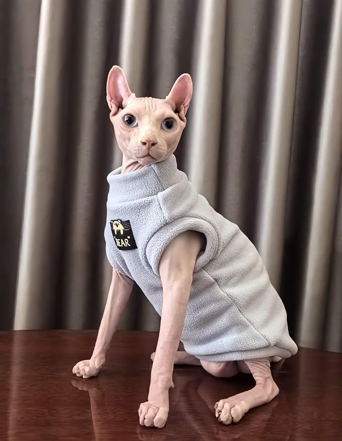 Sphynx Cat Clothes Hairless Cat Warm Fleece Vest Elastic Winter Sweater Outfit, Pet Clothes for Sphynx Cat Coat for Cats and Small Dogs Apparel, Hairless cat Shirts Sweaters (Sky, X-Large)