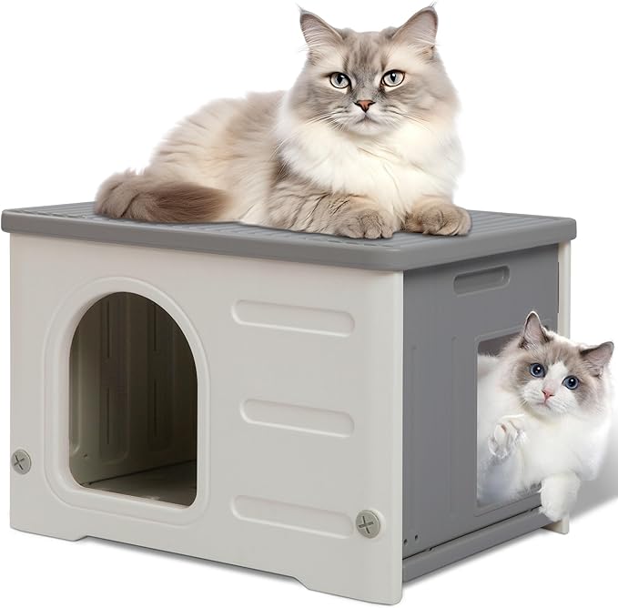 Plastic Cat House for Outdoor Indoor, Waterproof Outdoor Cat House with Escape Door for Feral Cats Outside Cat Shelter for Small Pet, Spacious, Assemble Easily -Grey Basic Style