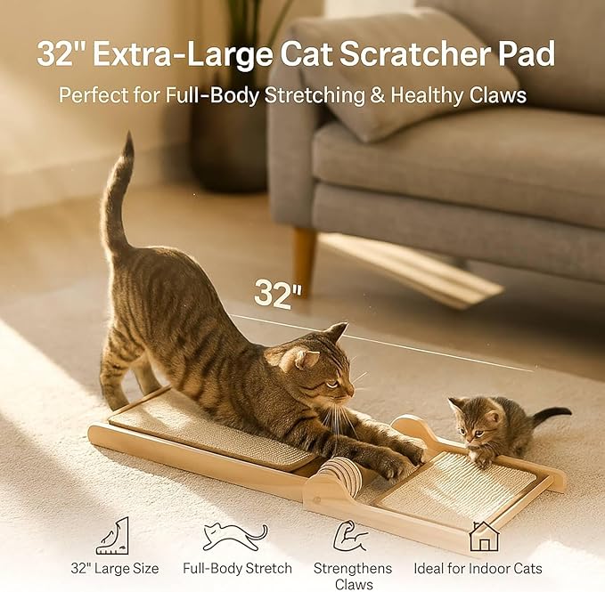 32" Sisal L Shaped Cat Scratch Pad with Ball Toy, Wooden Cat Scratching Post for Indoor Cats, 180° Angles Cat Scratcher for Indoor Cats, Durable Modern Cat Scratching Boards