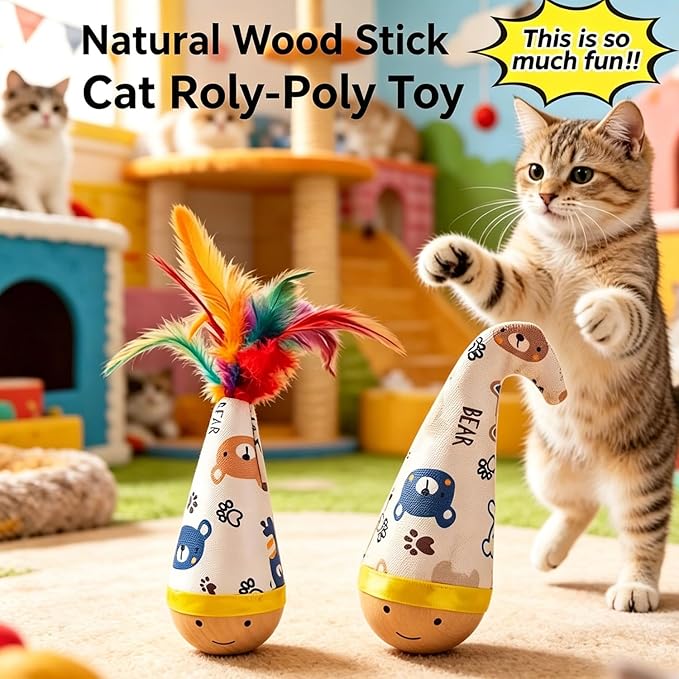 Natural Beechwood Cat Toy – Self-Righting Tumbler Wobble Toy with Colorful Feathers – No Battery, Silent Play for Indoor Cats & Small Dogs