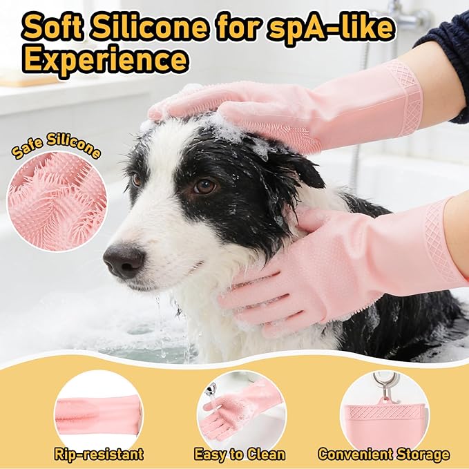 Hair Removal Glove & Pet Grooming Gloves 2 Pair, Upgrated Silicone Pet Hair Remover Gloves Shedding Glove for Long & Short Hair, Bath Grooming Glove with Gentle Brush for Horse Sensitive Pets, Pink