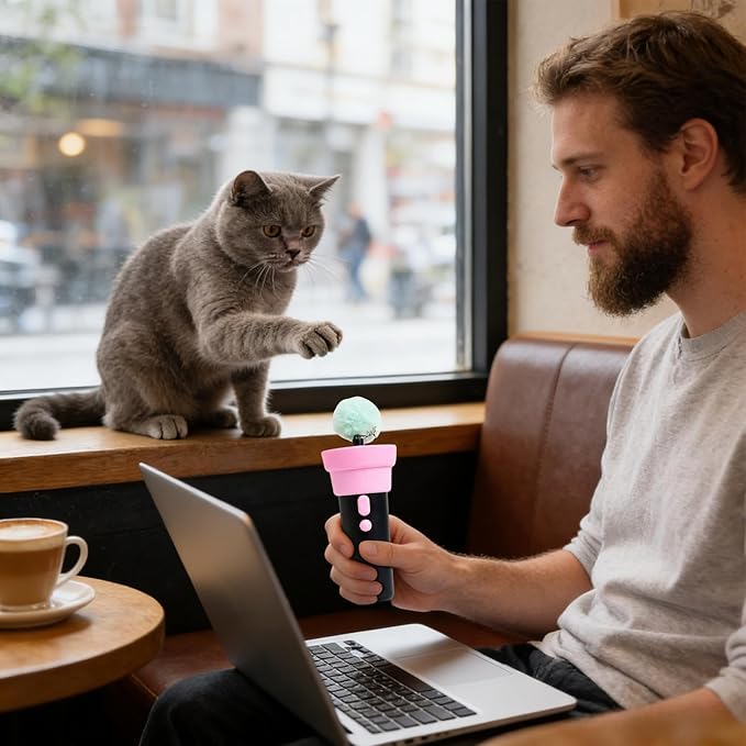 Electric Cat Wand Toy with Telescopic Rope, Cat Teaser Game Interactive Cats Toys Fuzzy Ball Launchers Funny Enrichment Toys for Bored Indoor Pets
