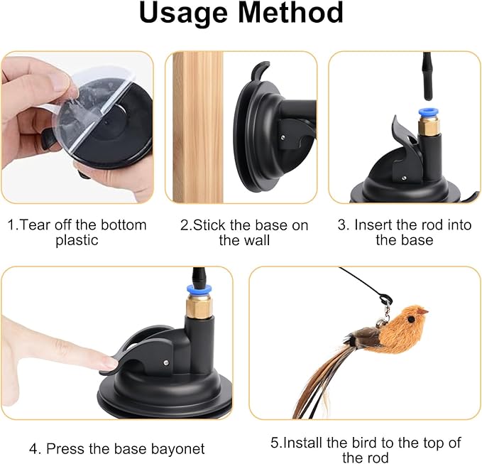 5 Pcs Interactive Cat Feather Toys, Interactive Cat Toys for Indoor Cats, Bird Simulation Cats Feathers Fishing Pole Toy Kit with Suction Base & Replacement Birds for Outdoor Indoor Kitten Playing