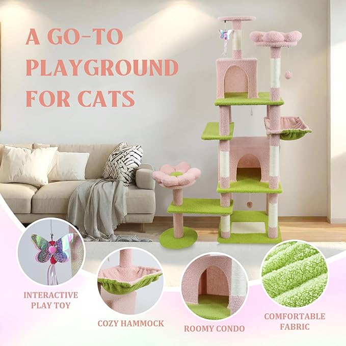 71" Flower Cute Cat Tree for Indoor Cats Large Adult, Tall Cat Tower with Scratching Post & Condo, Hammock, Aesthetic Cats Stand, Modern, Easy Assembly (Pink, 71" Tall)