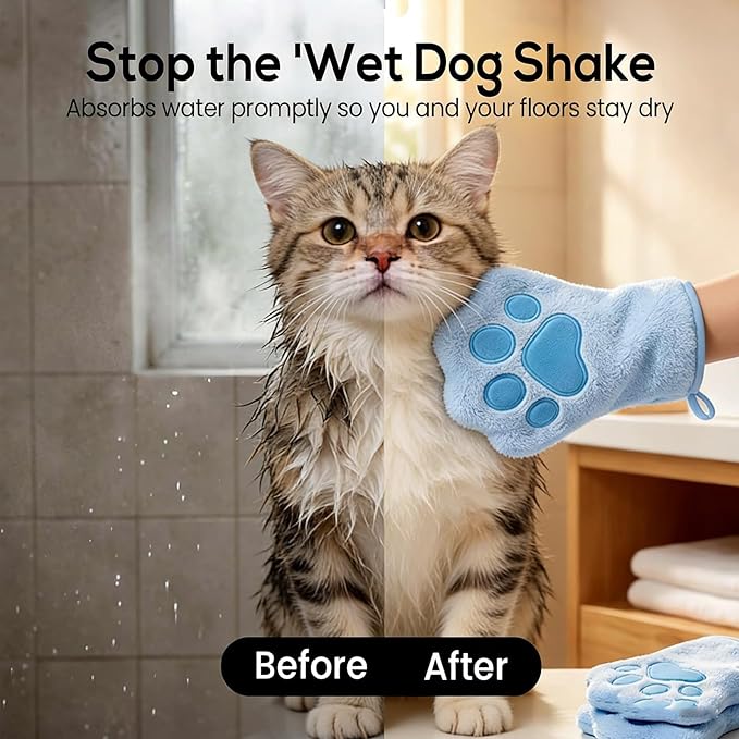 Paw Bathing Towel for Cats Puppy, Machine-Washable Reusable Pet Grooming Towel - Soft, Absorbent Quick-Dry Bath Mitt for Dirt Odor Removal, Daily Care & Travel -Blue