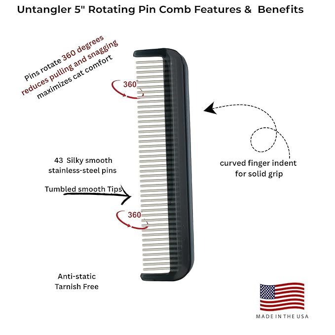 Cat Comb with Silky Smooth Rotating Teeth - Clears Mats Gently and Easily (5" Ultra Fine Teeth; 7" Dual Teeth) (Black, 5")