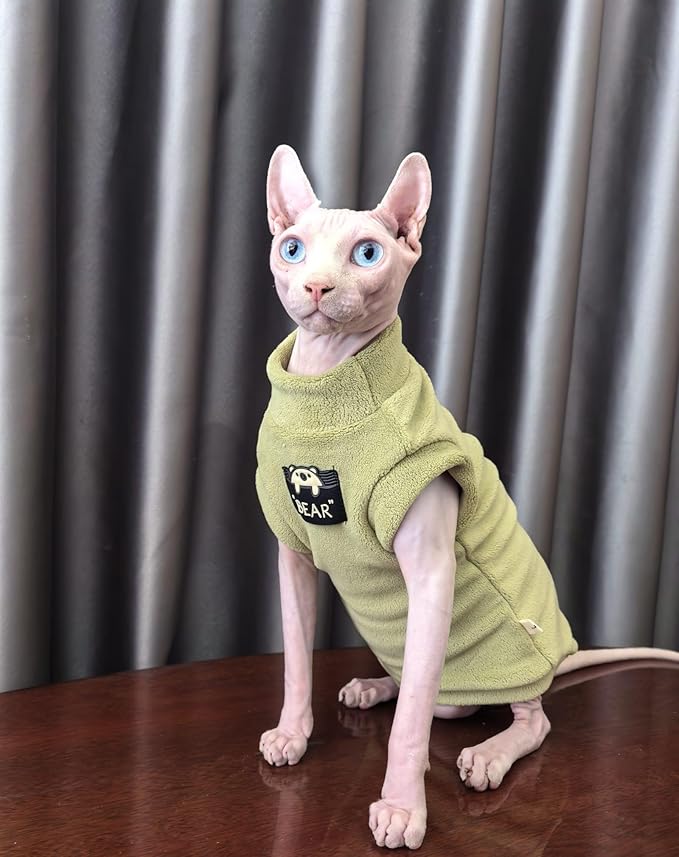 Sphynx Cat Clothes Hairless Cat Warm Fleece Vest Elastic Winter Sweater Outfit, Pet Clothes for Sphynx Cat Coat for Cats and Small Dogs Apparel, Hairless cat Shirts Sweaters (Avocado Green, X-Large)