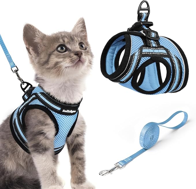 rabbitgoo Cat Harness and Leash Set for Walking Escape Proof, Adjustable Soft Kittens Vest with Reflective Strip for Cats, Comfortable Outdoor Vest, Light Blue, S