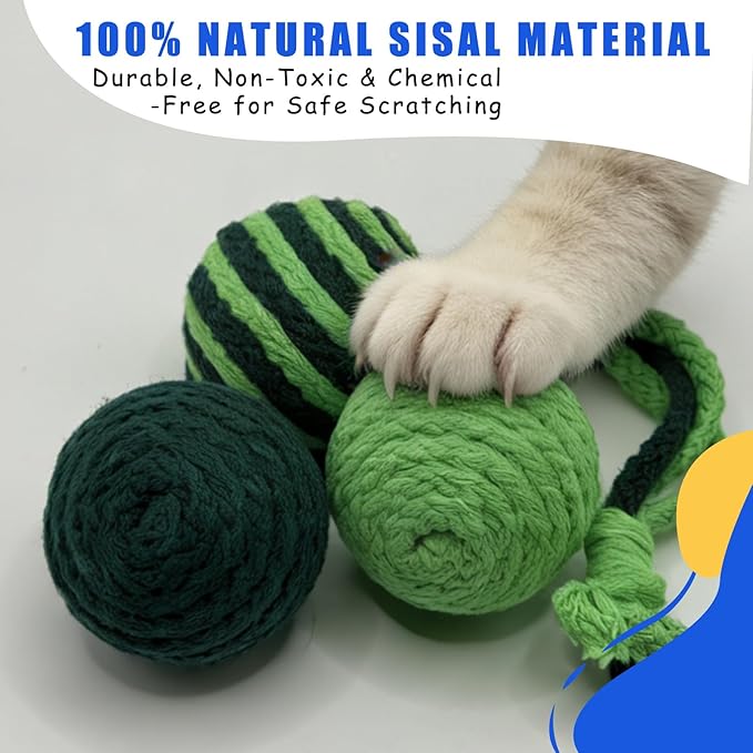Hanging Cat Toy for Indoor Cats - Durable Sisal Cat Chew Rope Balls with Squeaker for Cat Tree - Teething Kitten & Best Cat Toys for Bored Indoor Adult Cats