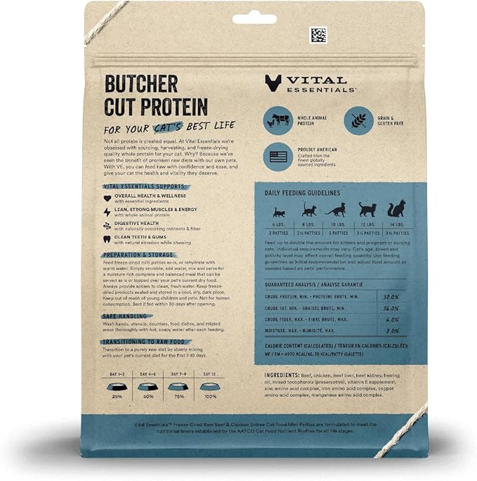 Vital Essentials Freeze Dried Cat Food, Raw Beef & Chicken Mini Patties | Complete Meal or Topper | Easy to Portion and Rehydrate | High Protein, Grain Free Dry Cat Food | 15 oz Bag