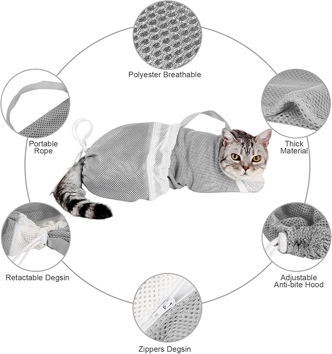 Cat Bathing Bag Adjustable Cat Grooming Net Bag Anti-bite & Anti-Scratch Cat Bath Washing Restraint Bag, Breathable Mesh Cat Grooming Bag for Shower, Nail Trimming, Injection