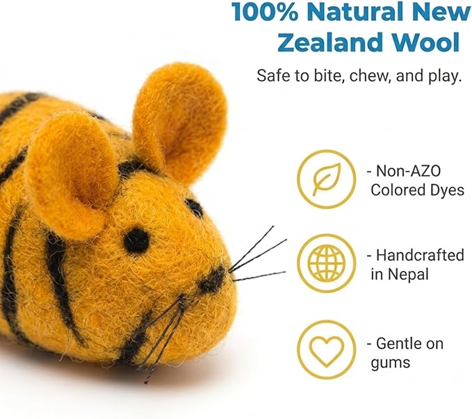 Glaciart One Felt Mouse Cat Toy – Soft Fuzzy Enrichment 100% Natural Wool - Interactive Catnip Play Cat Toy Set - Safe for Pets, Non-AZO Colored Dyes - 100” Long