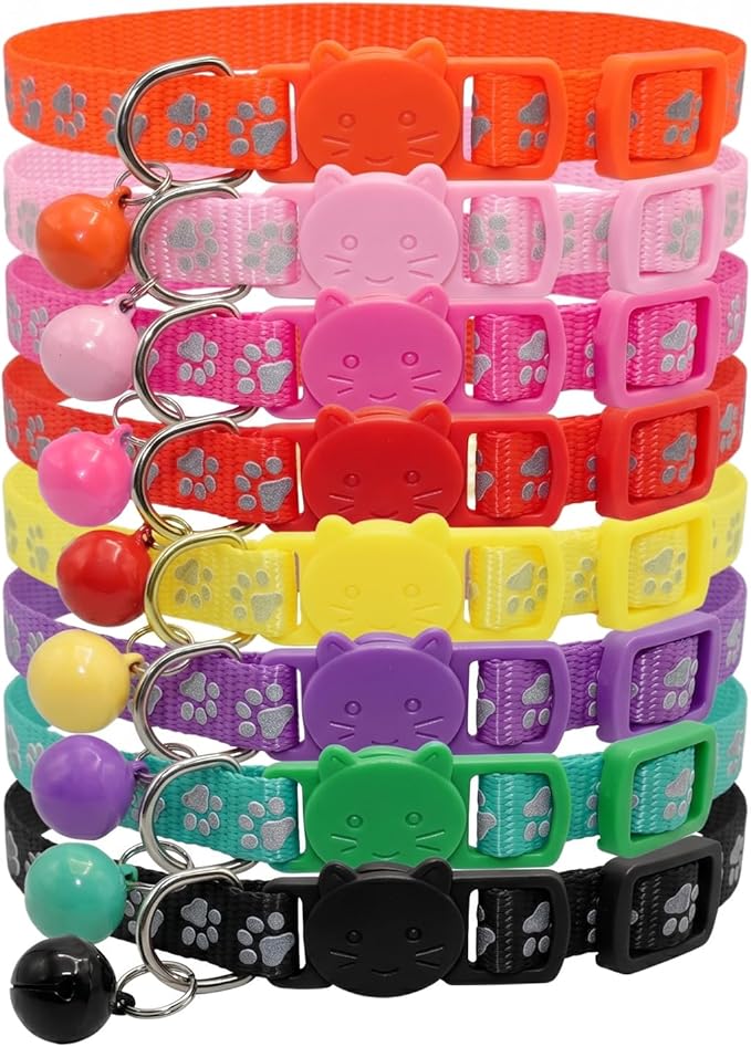 THAIN Reflective Breakaway Cat Collar with Paw Print 8 Colors Safety Release Buckle Adjustable, Lightweight, Cute Kitten Collar with Bell (Breakaway-Cat Shape)