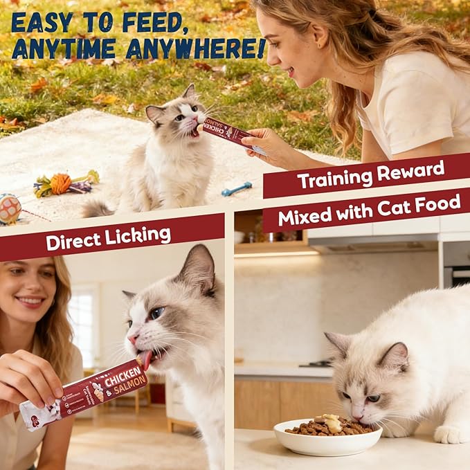 Pawmate Lickable Cat Treats, Chicken & Salmon Cat Squeeze Treats, High Moisture Grain Free Cat Snacks & Food Toppers for Kittens and Adult Cats, 20 Tubes x 15g