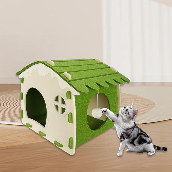 Felt Cat House Sleeping Bed Cozy Hideaway for Small Large Cats Bunny Scratch Resistant Pet Furniture- Green
